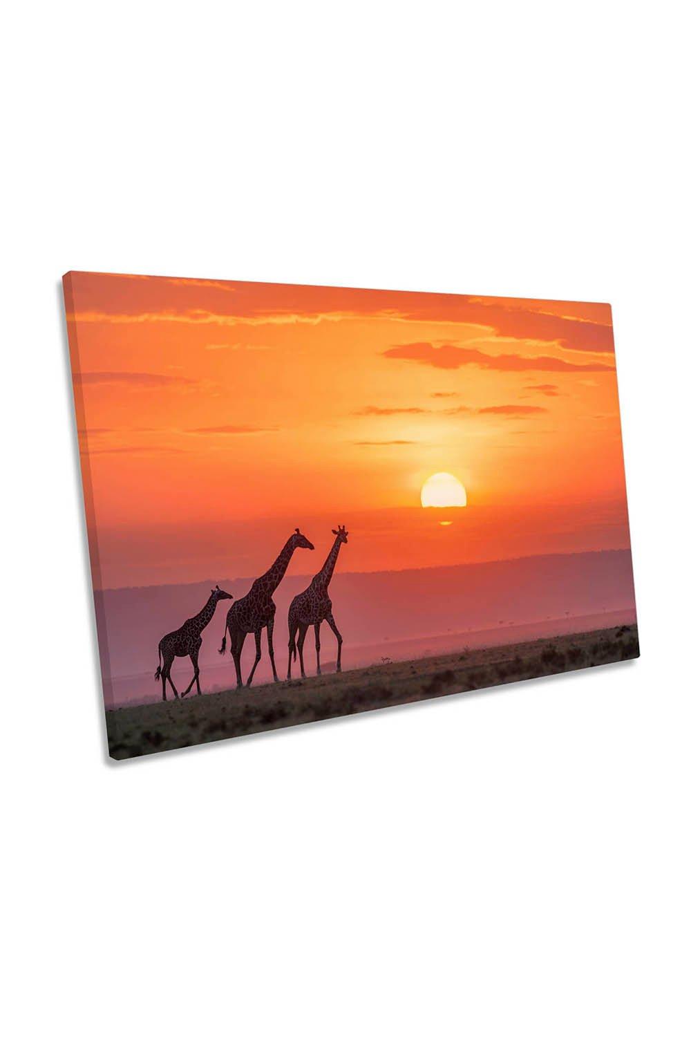 Family Walk Giraffe Sunset Orange Canvas Wall Art Picture Print