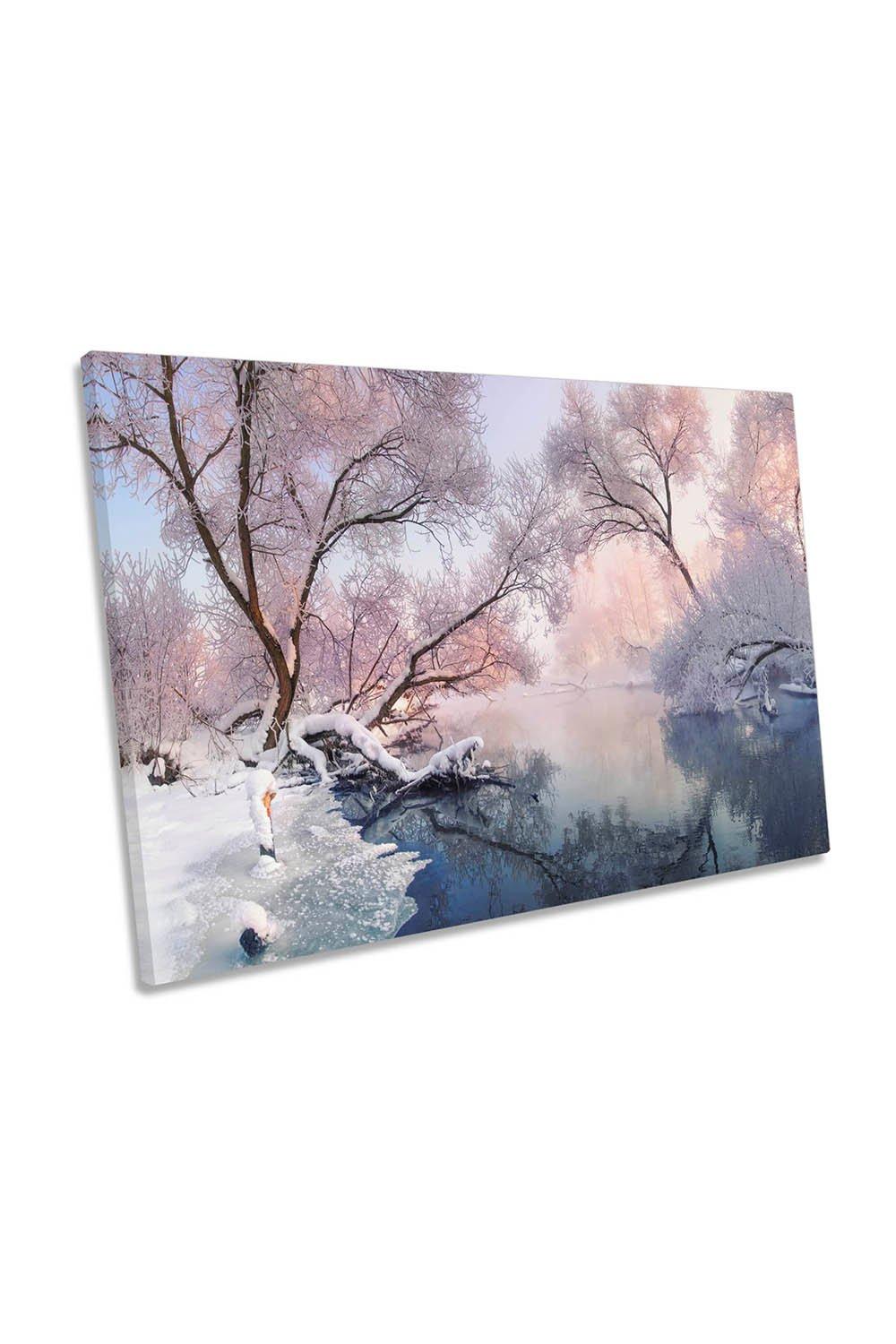 Christmas Lake Winter Landscape Snow Canvas Wall Art Picture Print