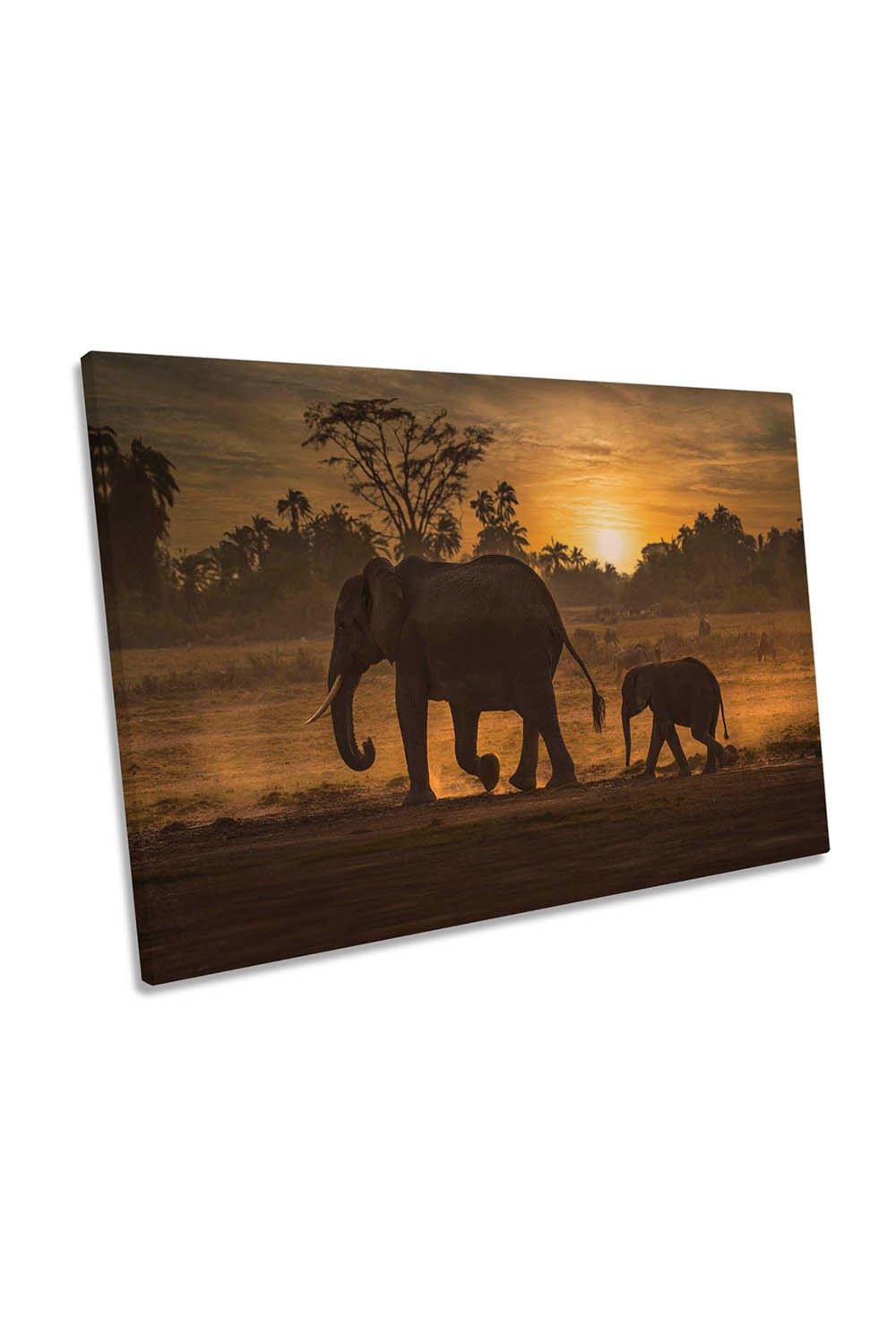 Follow Me Elephant Family Sunset Canvas Wall Art Picture Print