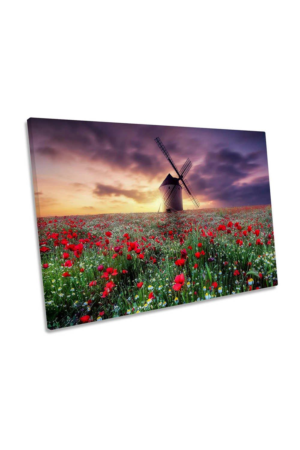 Red Poppy Flowers by the Windmill Canvas Wall Art Picture Print