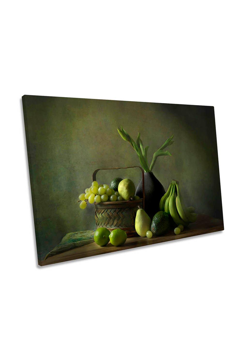 Green Mood Fruit Basket Still Life Kitchen Canvas Wall Art Picture Print