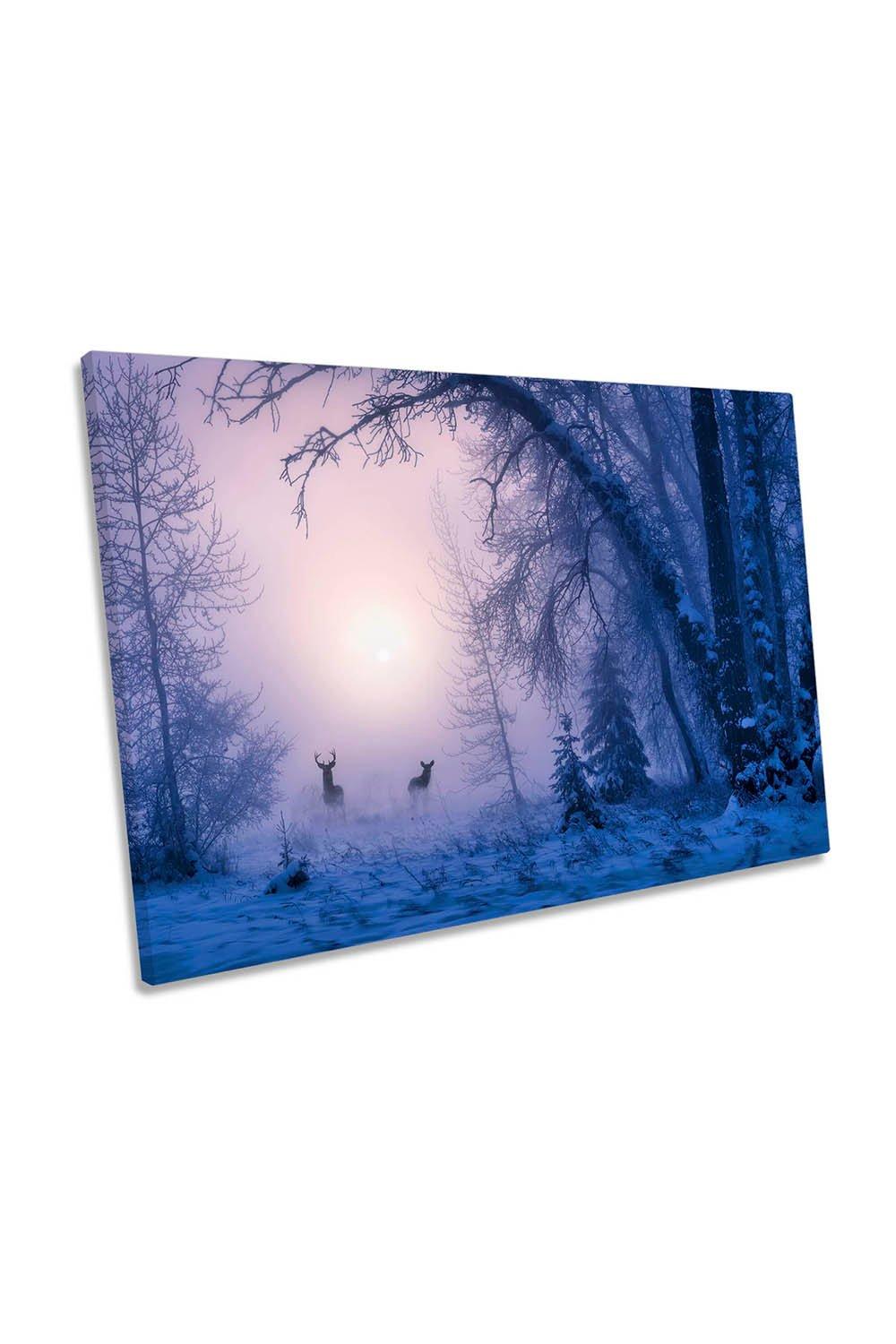 Deers in the Snowy Morning Fog Canvas Wall Art Picture Print