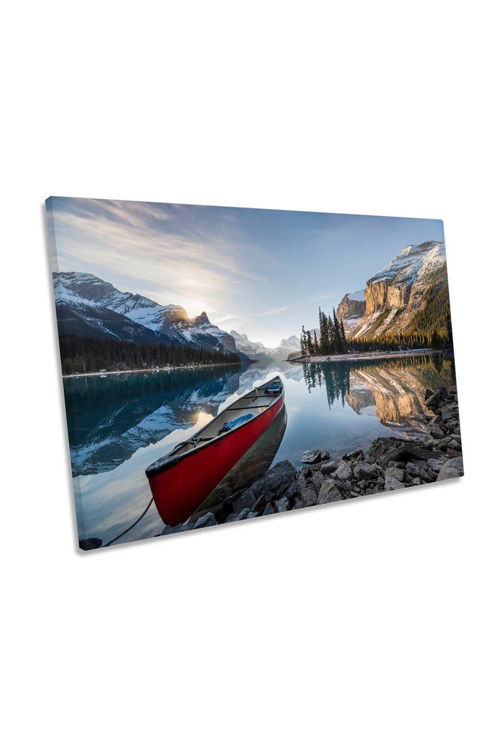 True Canadian Lake Meligne Boat Mountains Canvas Wall Art Picture Print