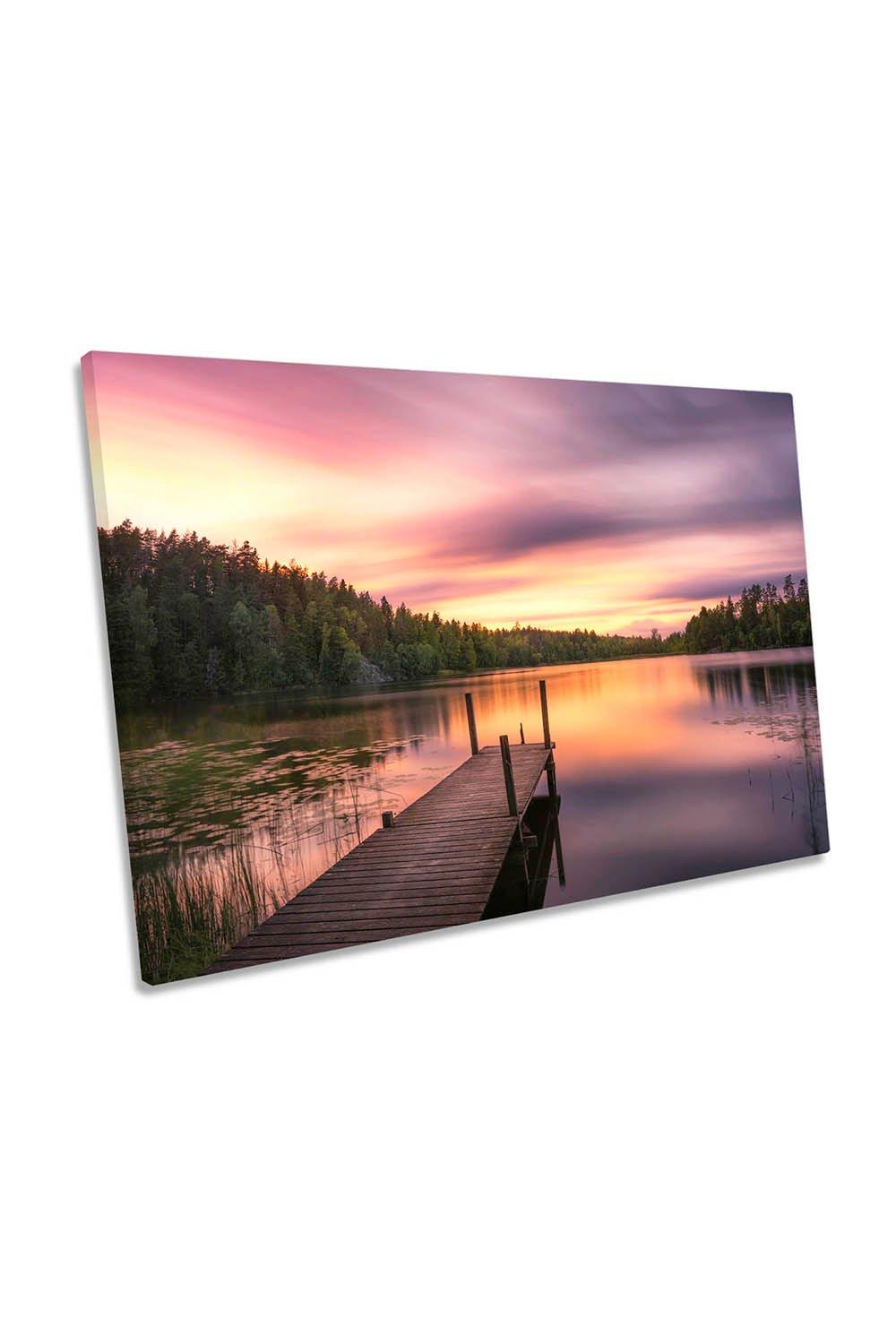 Pink Sunset Lake Landscape Peaceful Jetty Canvas Wall Art Picture Print
