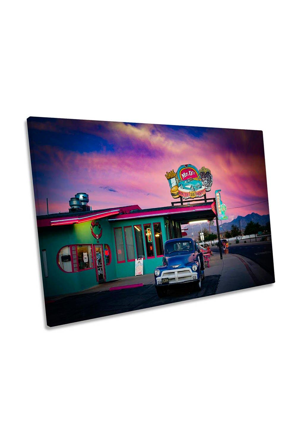 Sunset Route 66 Diner Old Classic Car Canvas Wall Art Picture Print