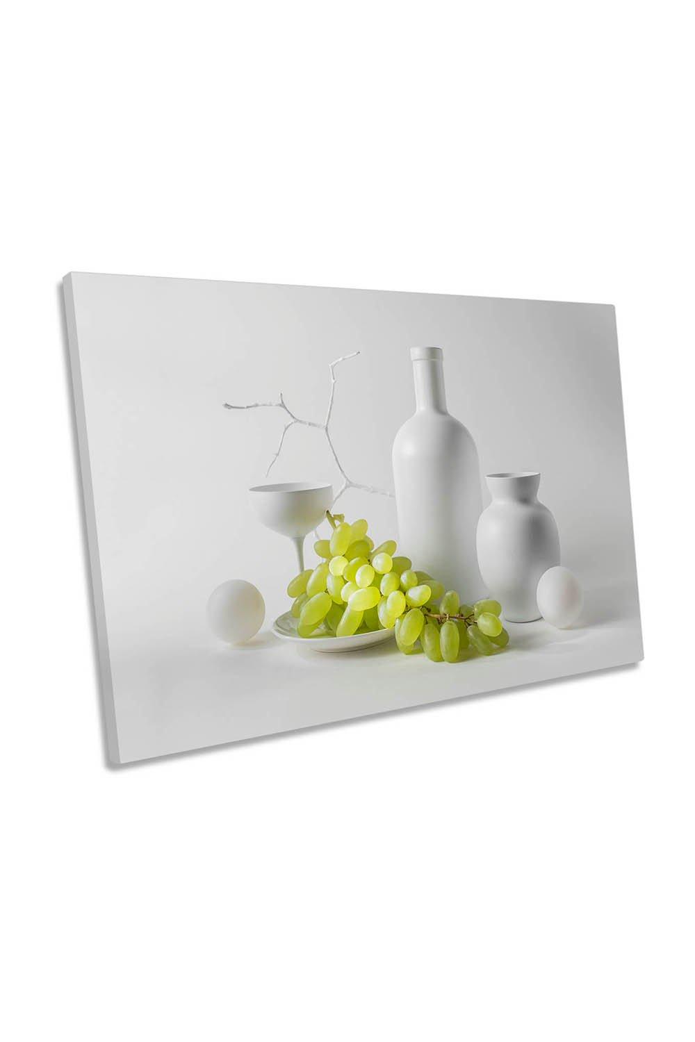 White Vase and Green Grapes Still Life Kitchen Canvas Wall Art Picture Print