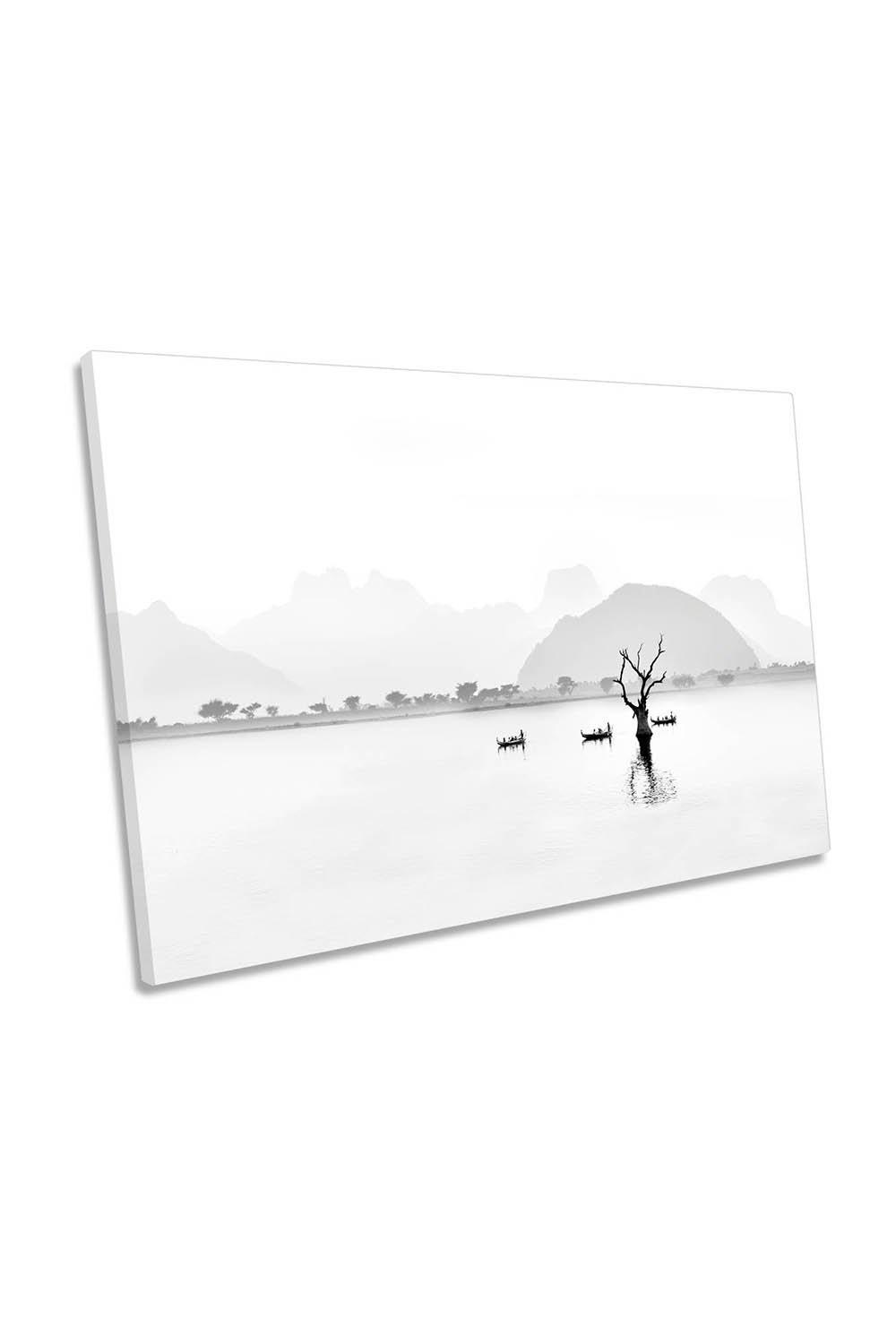 Boats in the Lake Fishermen Myanmar Asia Canvas Wall Art Picture Print