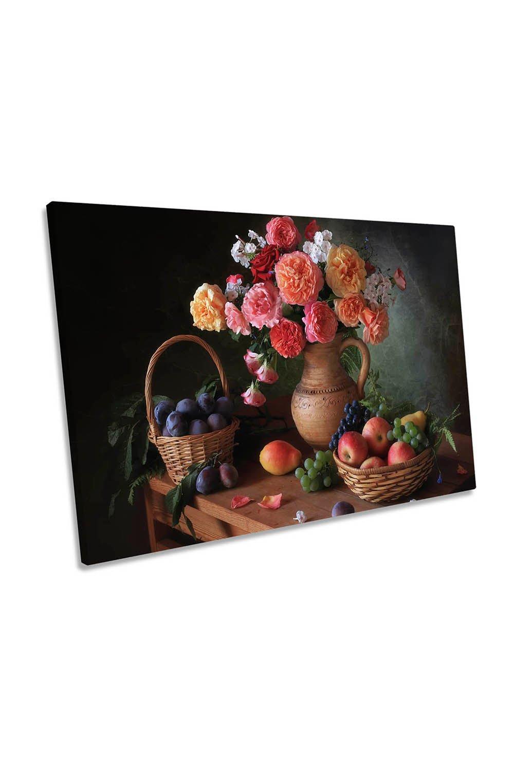 Still Life Flowers and Autumn Fruits Canvas Wall Art Picture Print