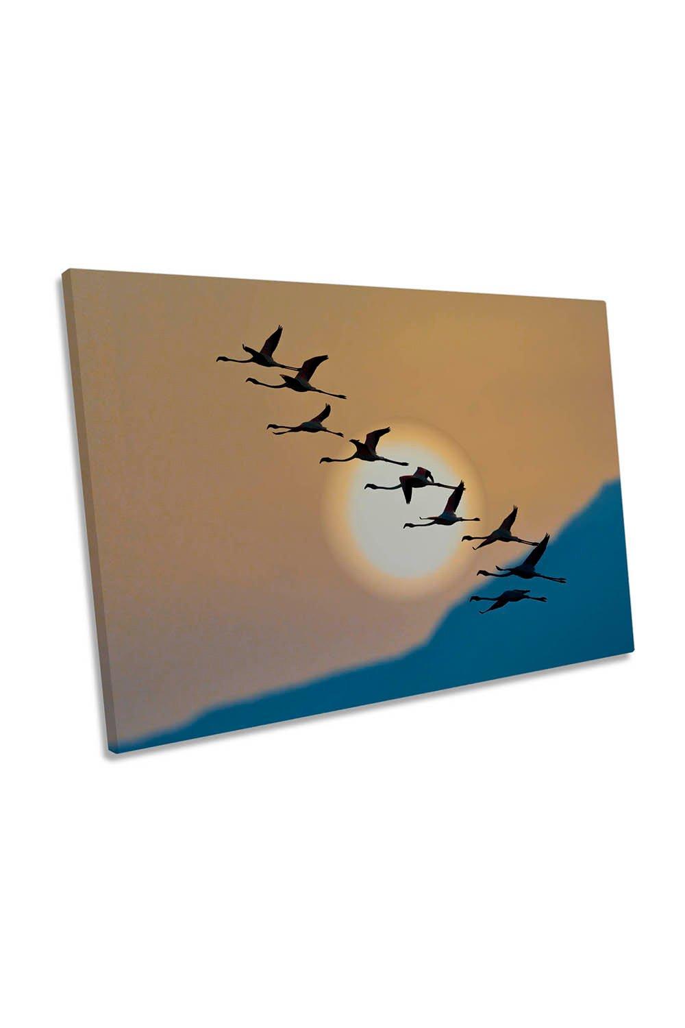 Flamingo Birds in Flight Sunrise Canvas Wall Art Picture Print