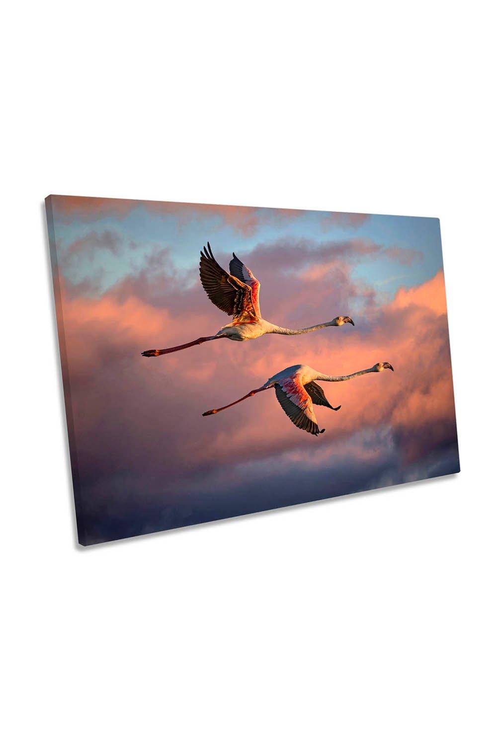 Flamingos at Sunset in Flight Canvas Wall Art Picture Print