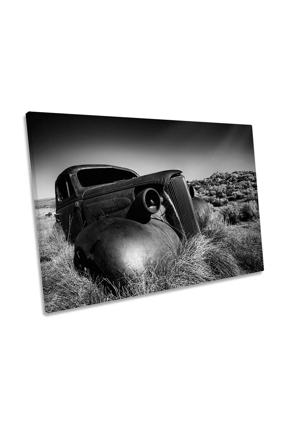 Disposed Old Car Wreck Truck Black and White Canvas Wall Art Picture Print