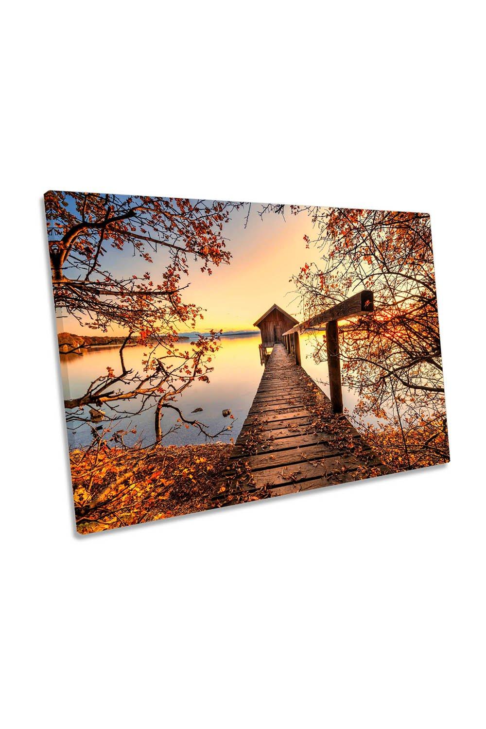 Autumn at the Lake Pier Calm Boathouse Canvas Wall Art Picture Print