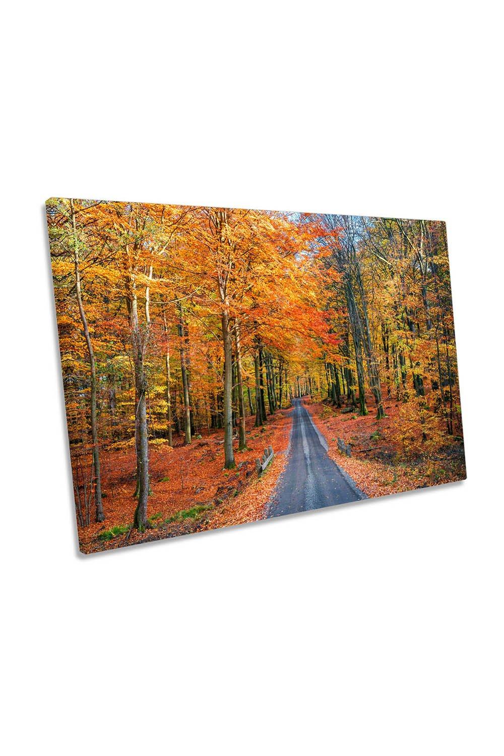 Road into Autumn Forest Orange Canvas Wall Art Picture Print
