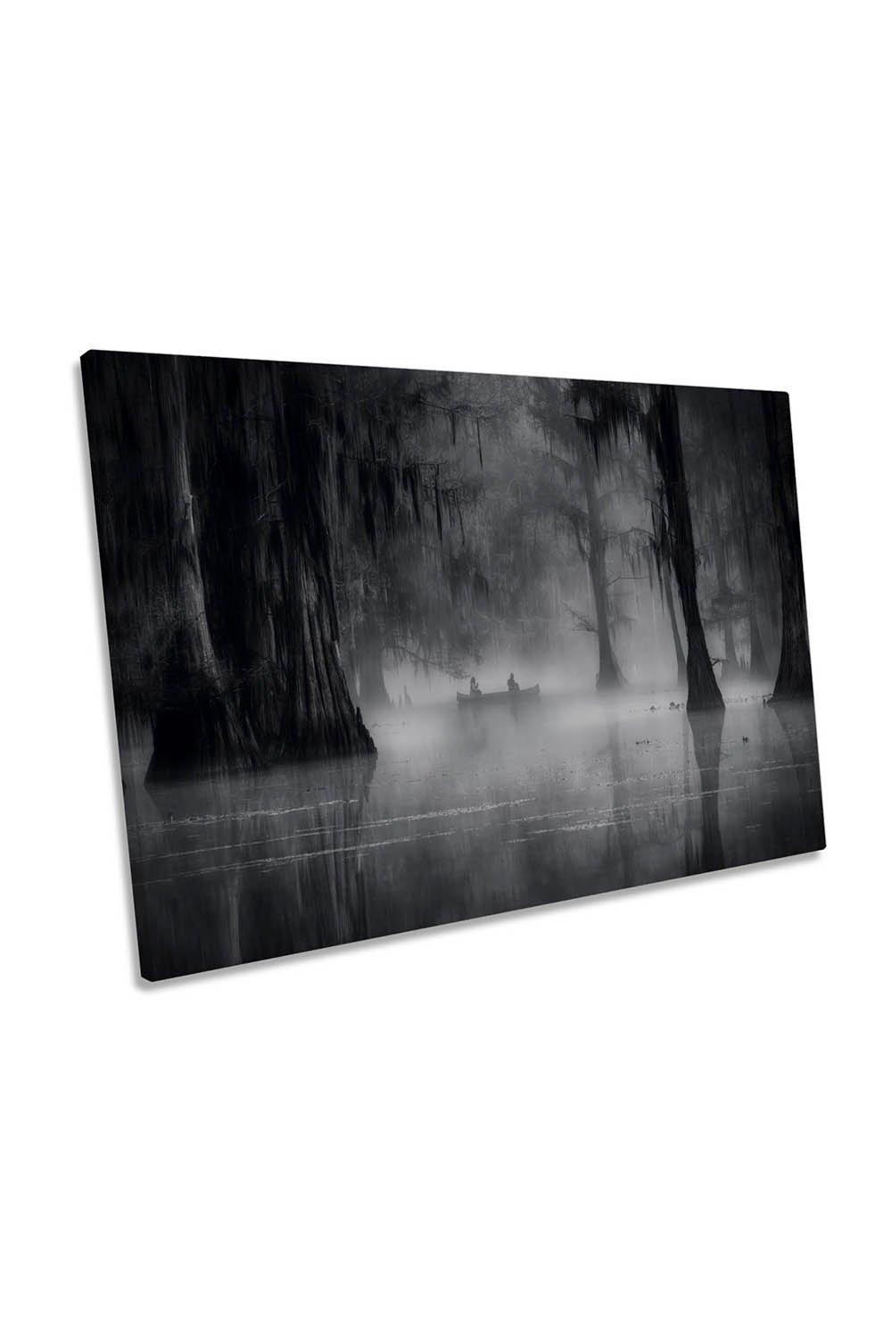 Misty Morning Swamp Land Forest Boat Canvas Wall Art Picture Print