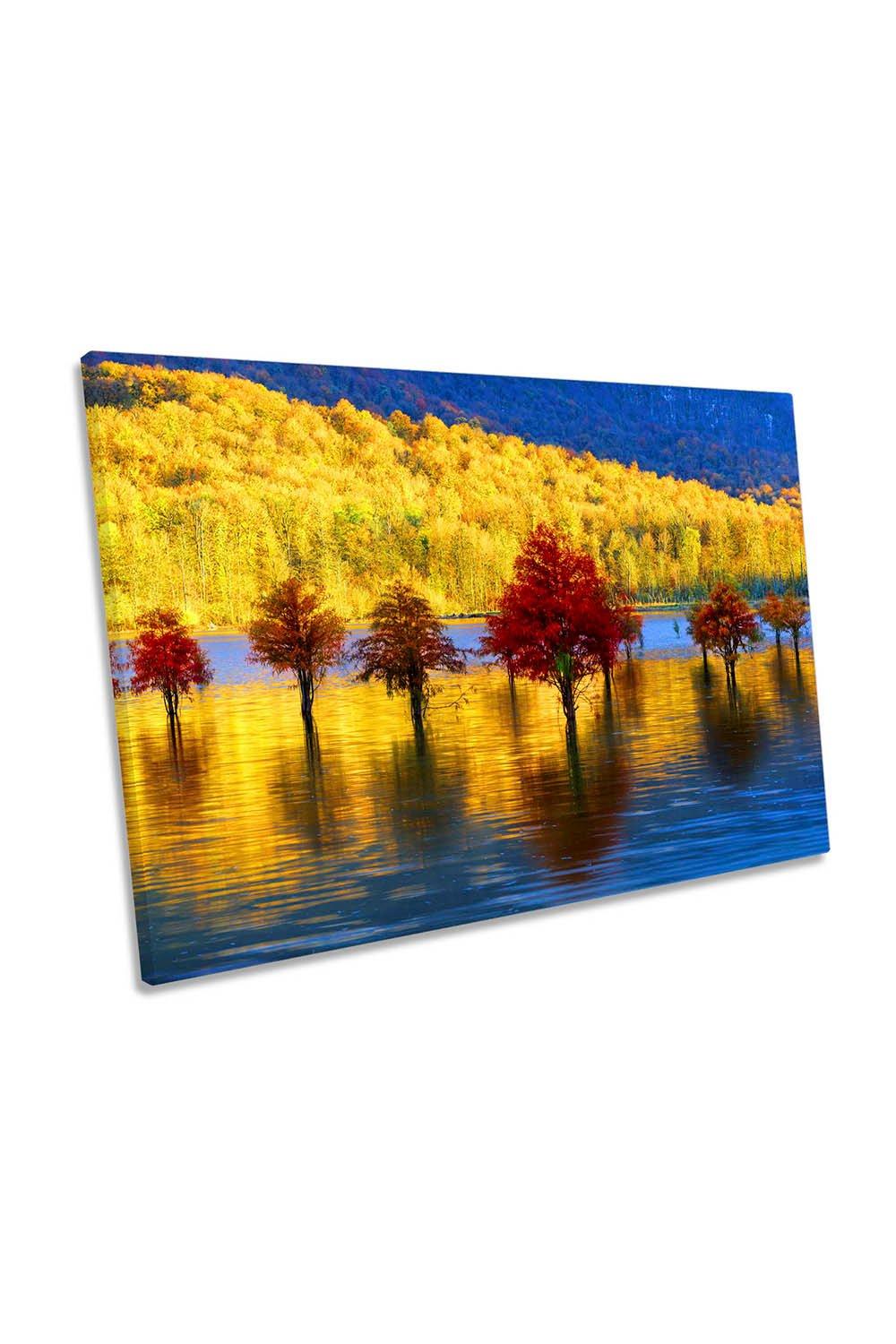 Autumn Lake Yellow and Red Trees Lake Canvas Wall Art Picture Print