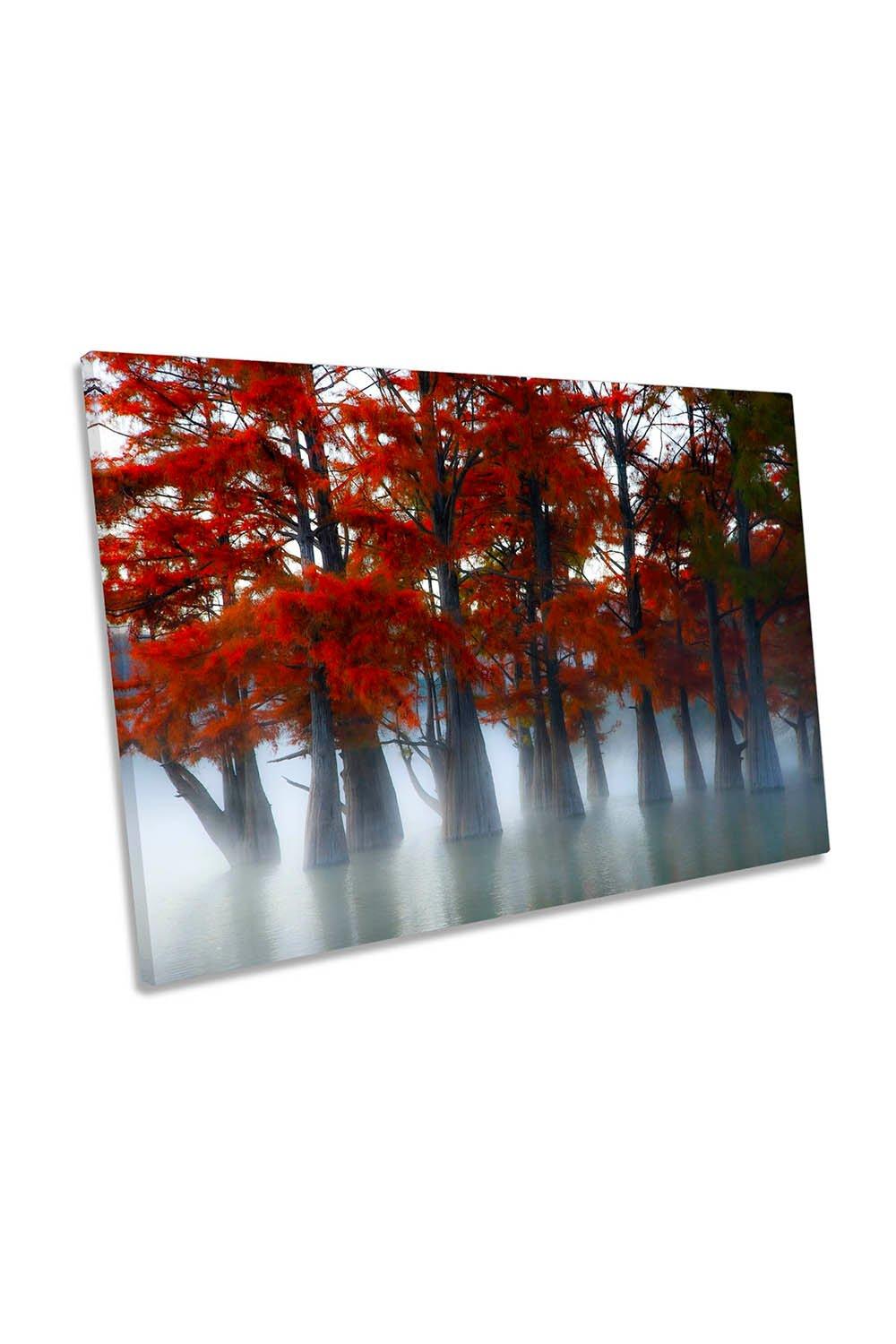 Cypress Red Trees Fog Mist Canvas Wall Art Picture Print