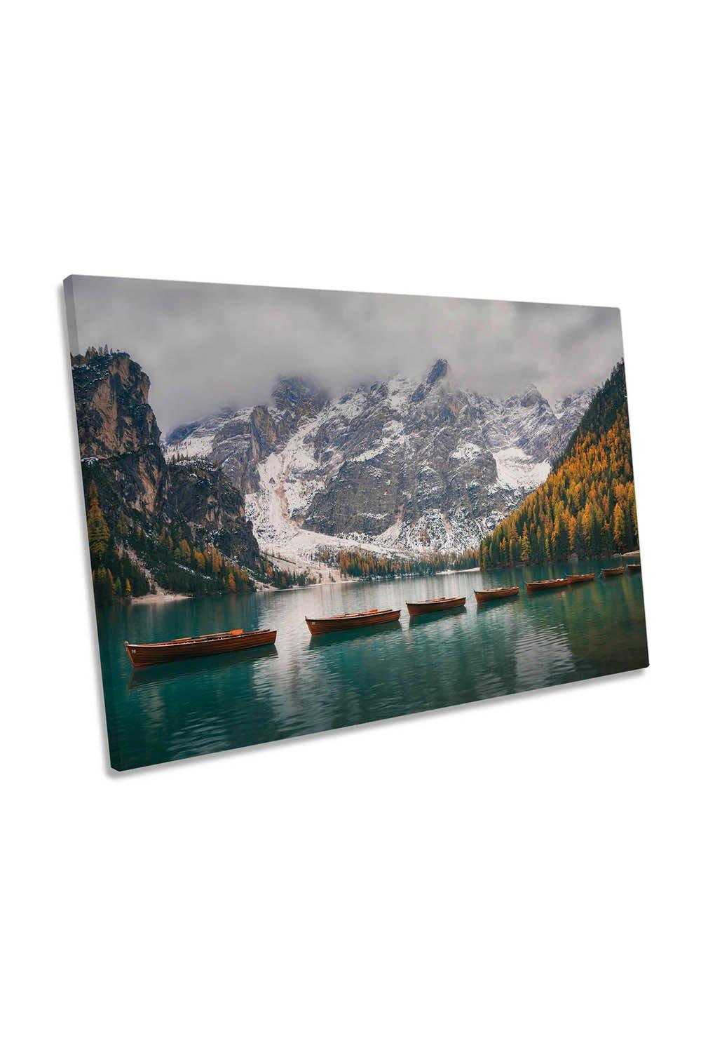 Follow the Leader Boats Lake Mountains Canvas Wall Art Picture Print