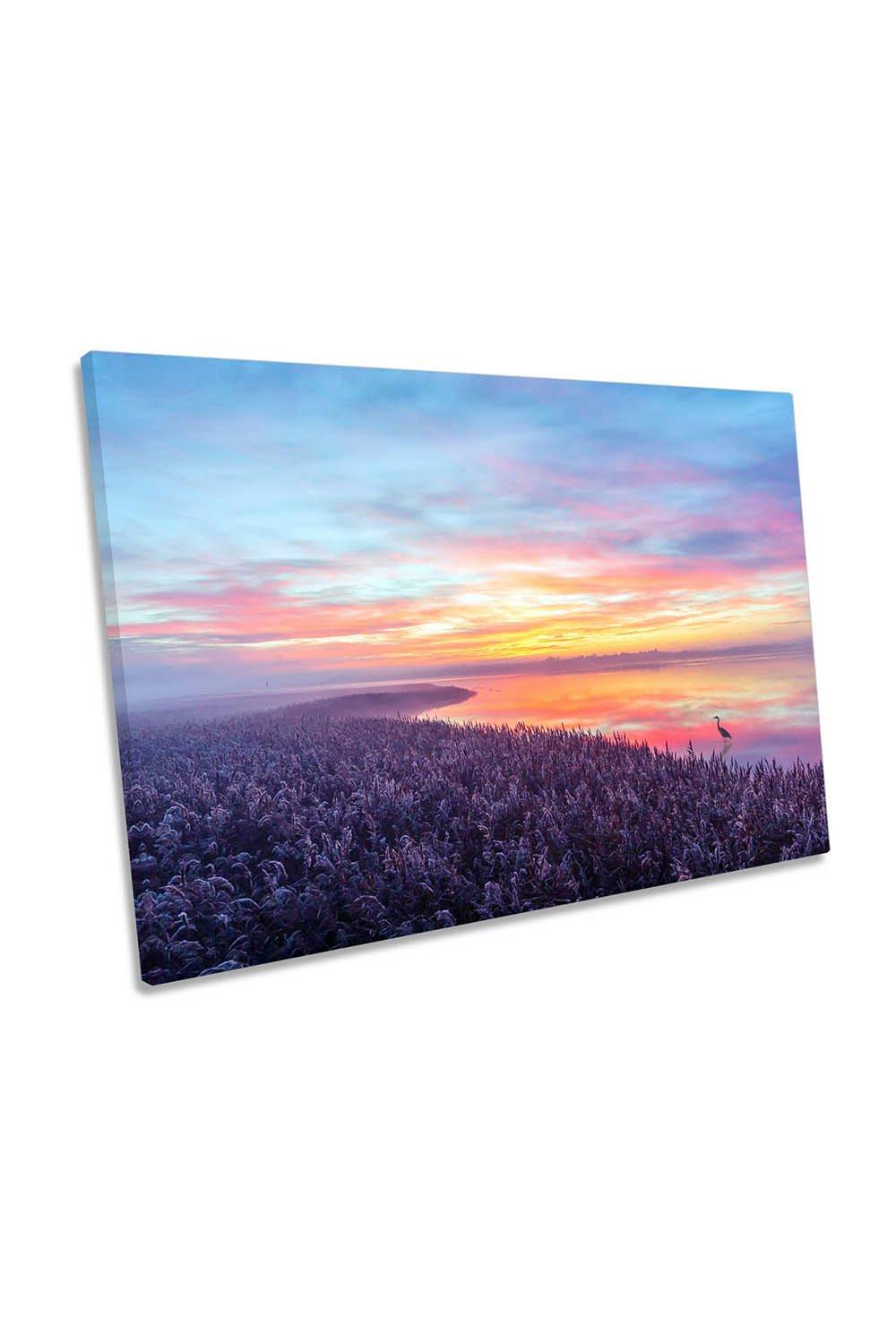 The Heron's Morning View Sunrise Lake Canvas Wall Art Picture Print