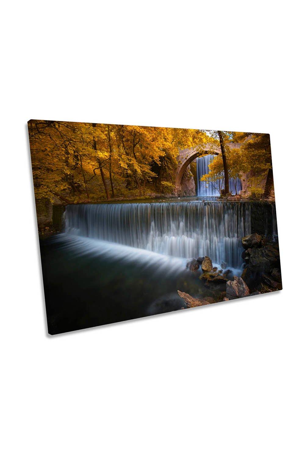 Autumn Water Fall River Forest Orange Canvas Wall Art Picture Print