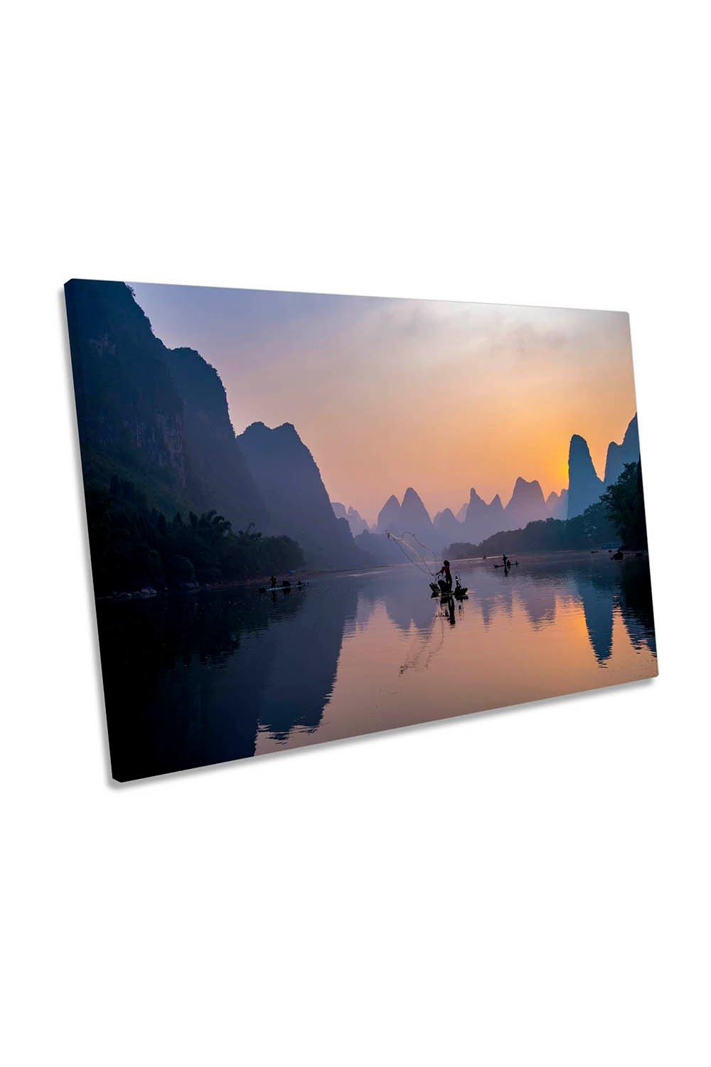 Busy Fisherman Morning Sunrise Asia Canvas Wall Art Picture Print