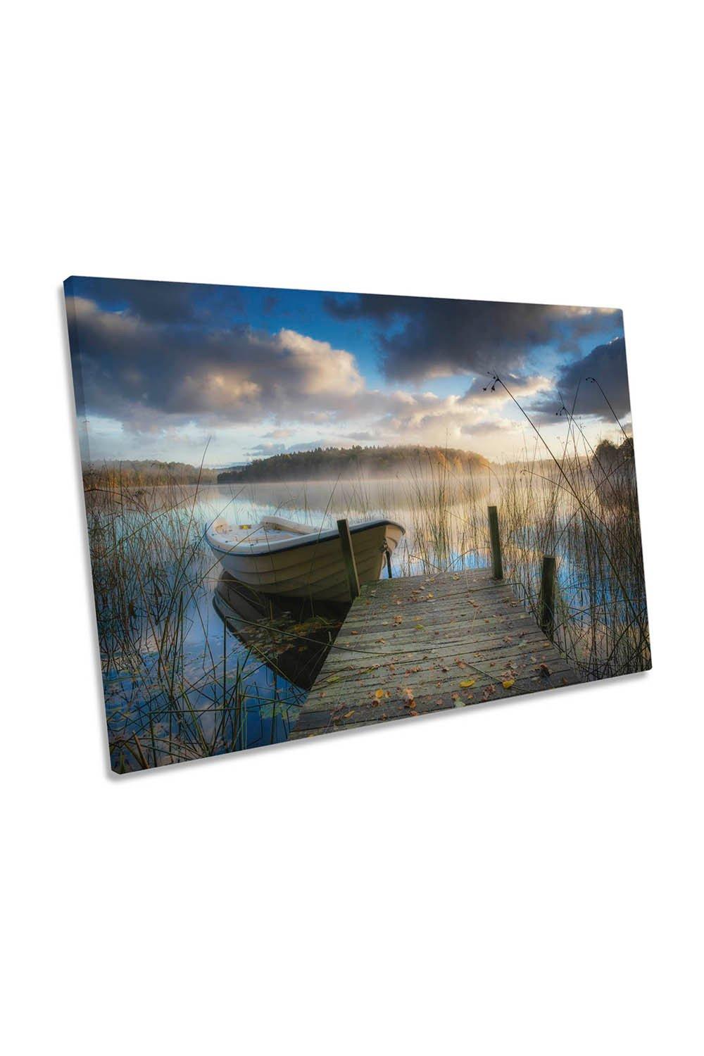 Misty Morning at the Lake Boat Peaceful Canvas Wall Art Picture Print