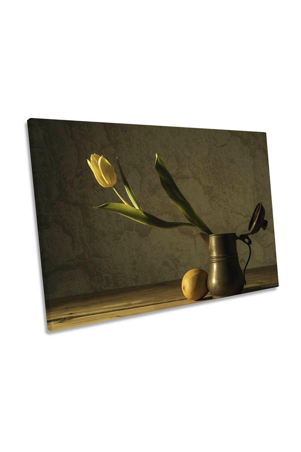 Still Life Yellow Tulip Flower Vase Floral Canvas Wall Art Picture Print