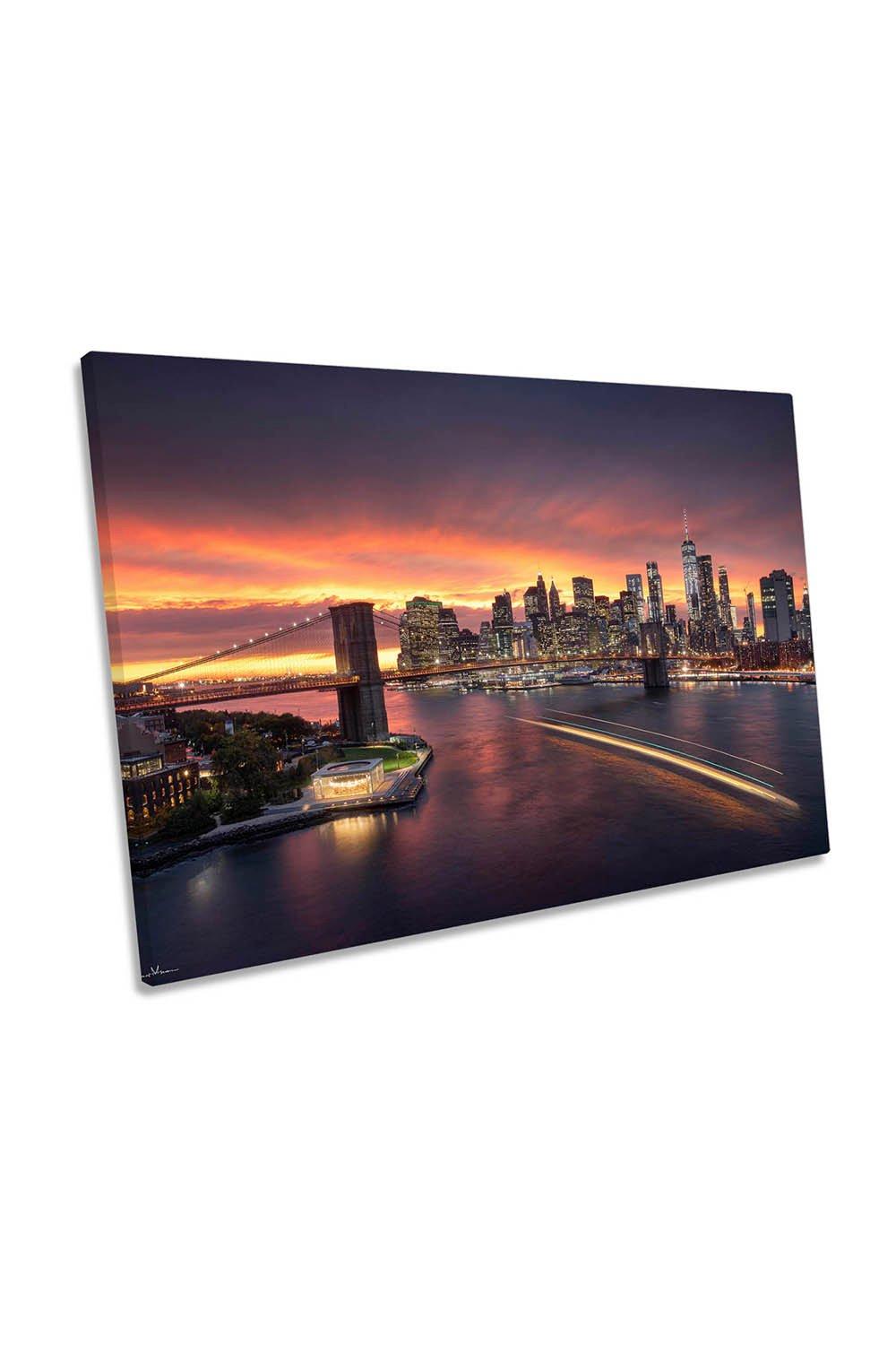 Sunset over New York City NYC Orange Canvas Wall Art Picture Print