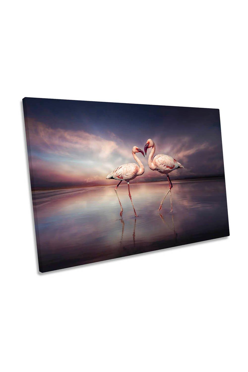 Flamingo Love Birds Lake Canvas Wall Art Picture Print
