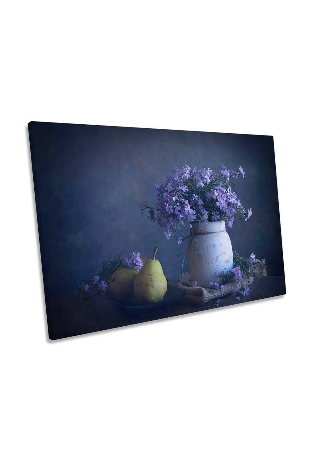 Purple Flowers Still Life Fruits Canvas Wall Art Picture Print