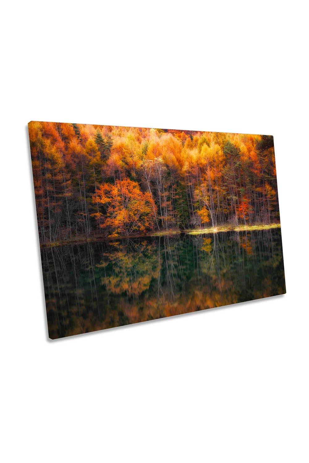 Beautiful Lake Reflection in Autumn Canvas Wall Art Picture Print