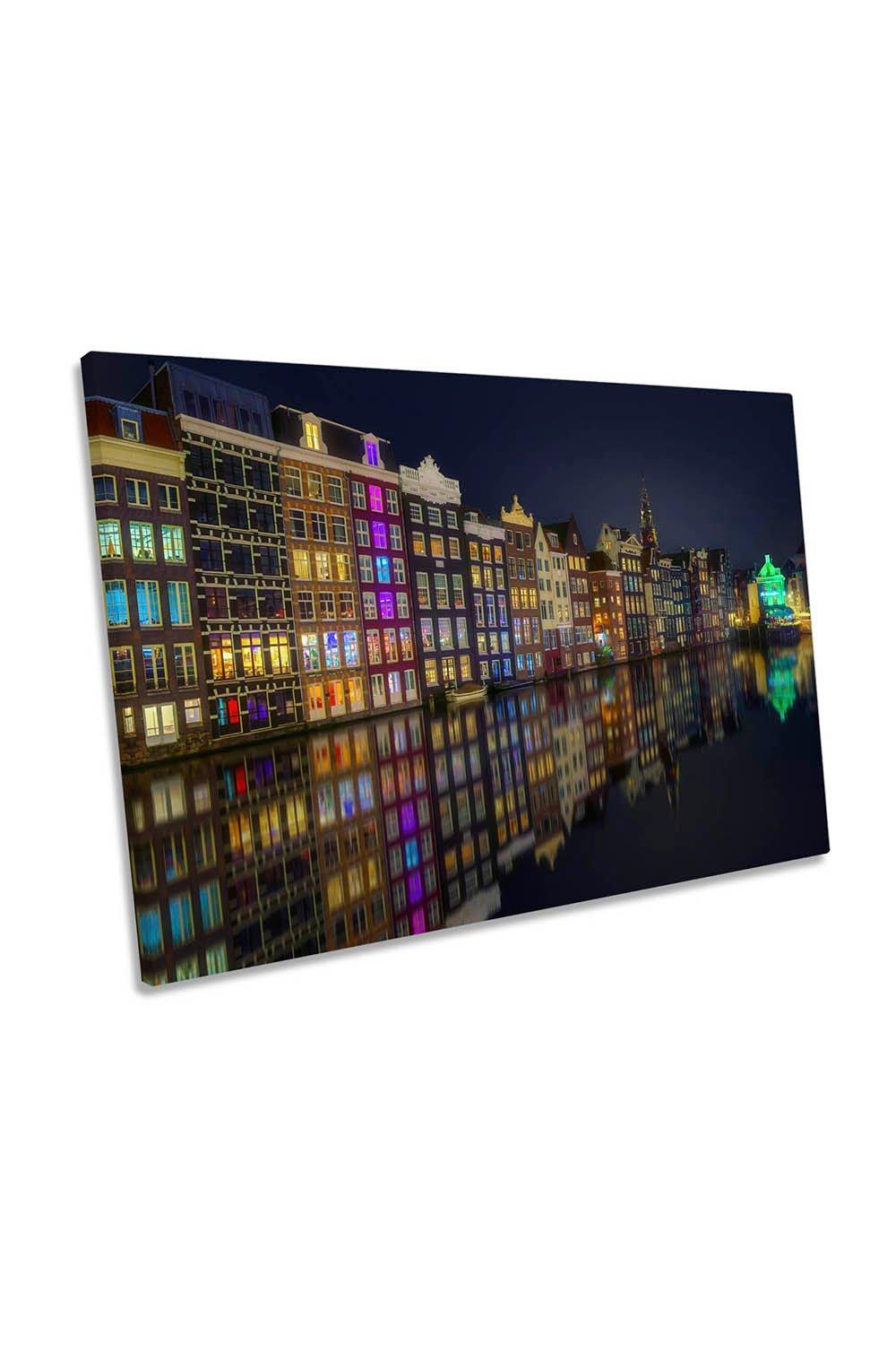 Amsterdam City Netherlands Night Canvas Wall Art Picture Print