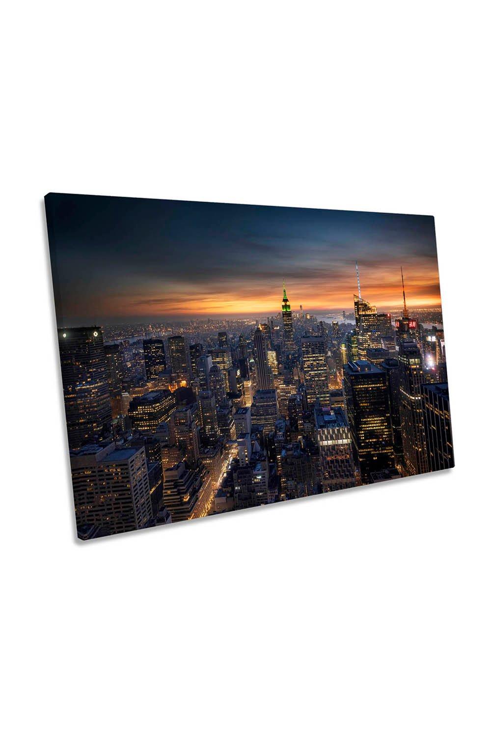 Night Falls on New York City Orange Sunset Skyline Canvas Wall Art Picture Print