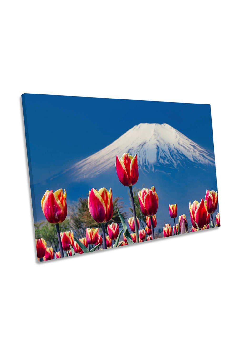 Red Tulips Flowers Mount Fuji Canvas Wall Art Picture Print