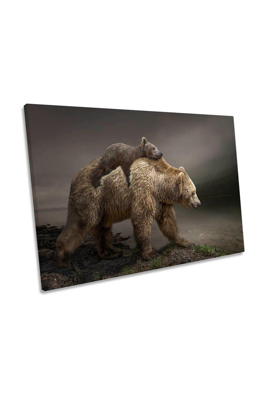 Baby Bear with Mother Family Animal Canvas Wall Art Picture Print