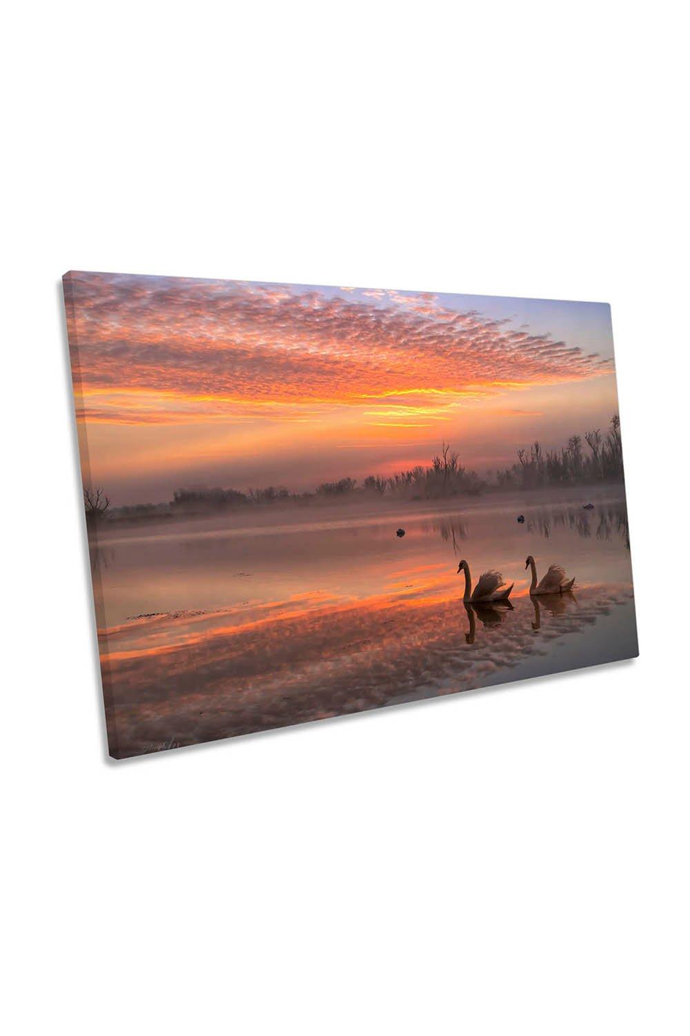 Rosy Romance Swans Lake Morning Sunrise Canvas Wall Art Picture Print
