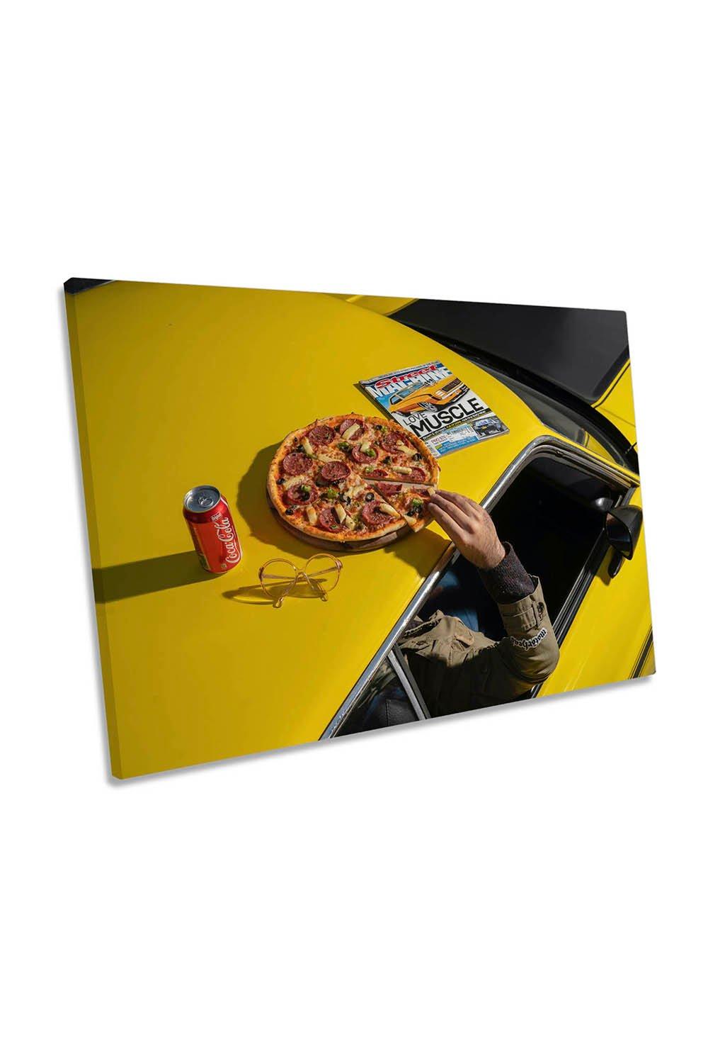 Pizza on Old School Classic Muscle Car Canvas Wall Art Picture Print