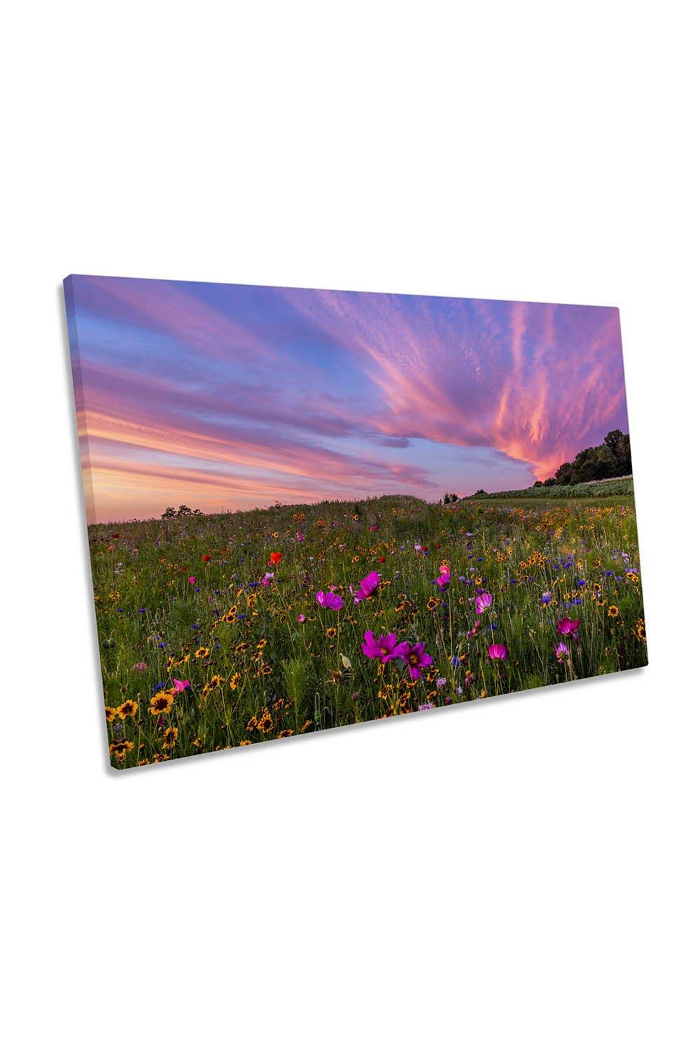 Rosy Flower Field Meadow Sunset Canvas Wall Art Picture Print