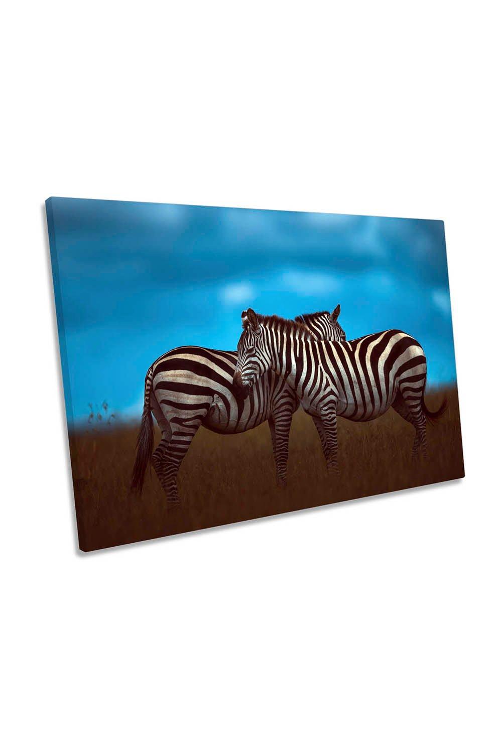 Stripey Zebras Blue Wildlife Canvas Wall Art Picture Print