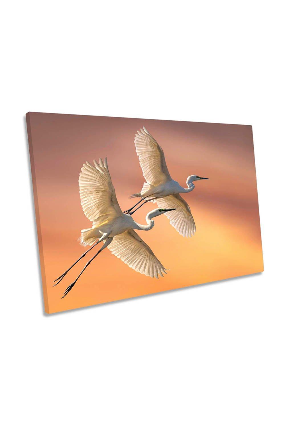 Eastern Great Egrets Birds Wildlife Orange Canvas Wall Art Picture Print