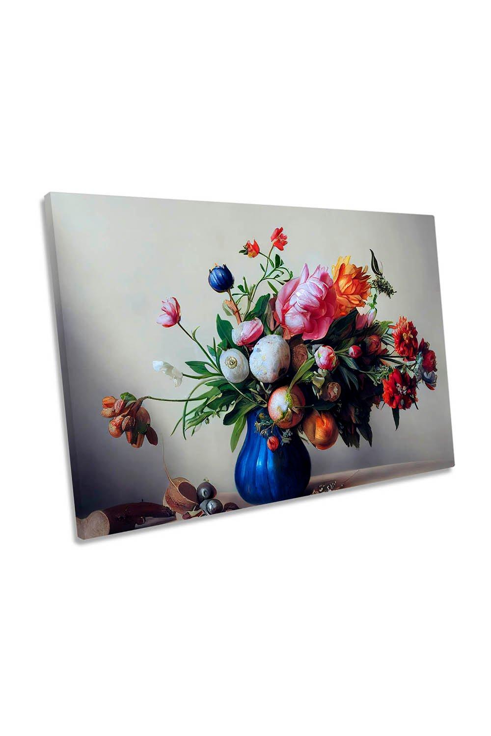 Flower Bouquet With Blue Vase Canvas Wall Art Picture Print