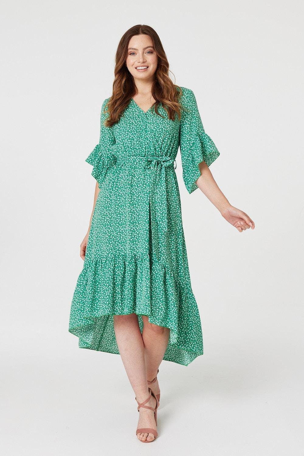 Printed Frilled Wrap Front Dress