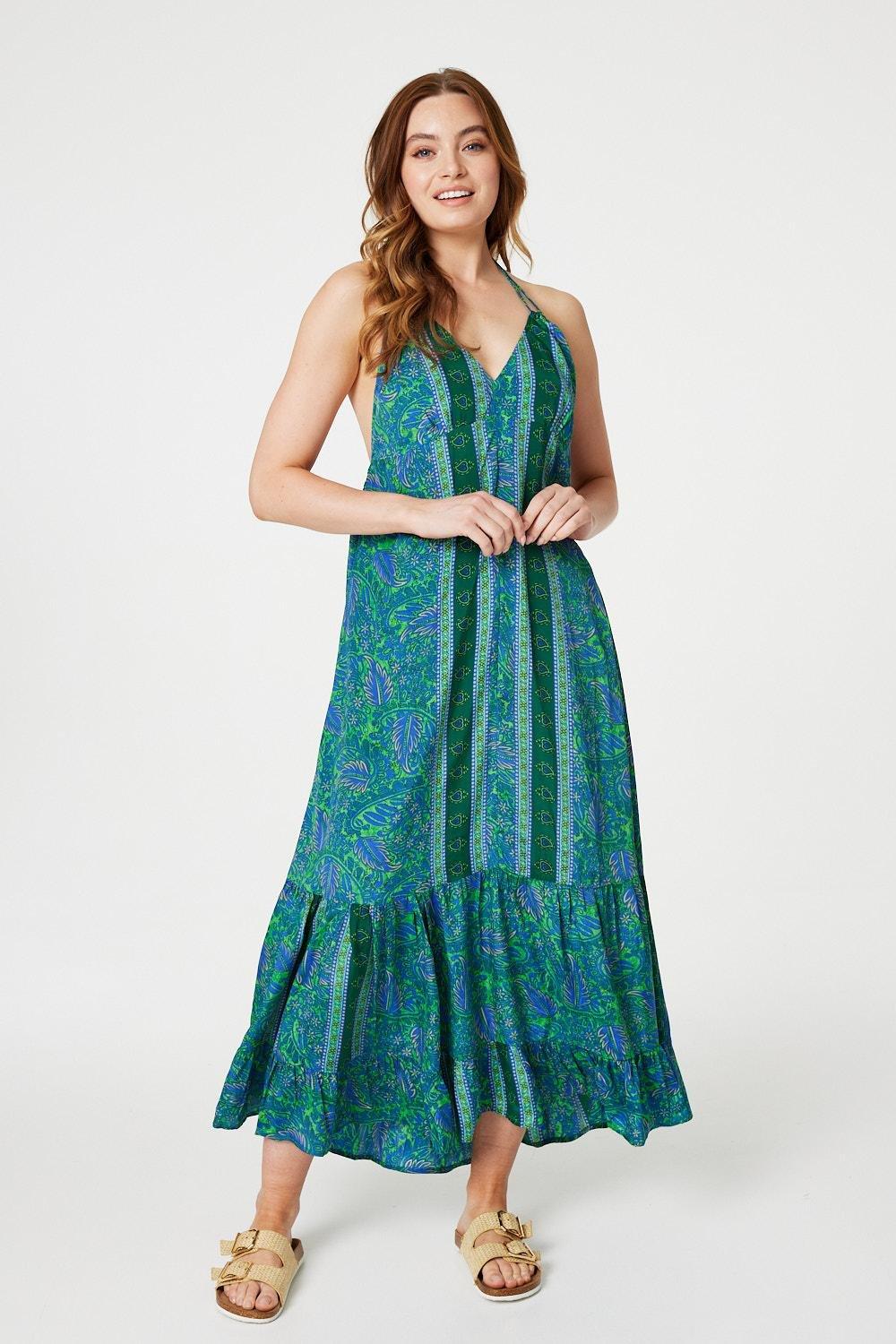 Leaf Border Print Maxi Sun Dress