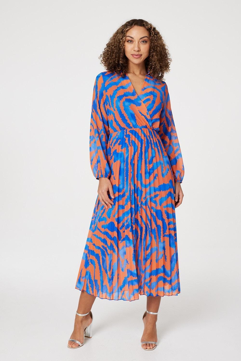 Zebra Print Pleated Midi Dress