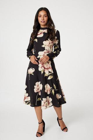 Product Floral Long Sleeved Midi Tea Dress Black