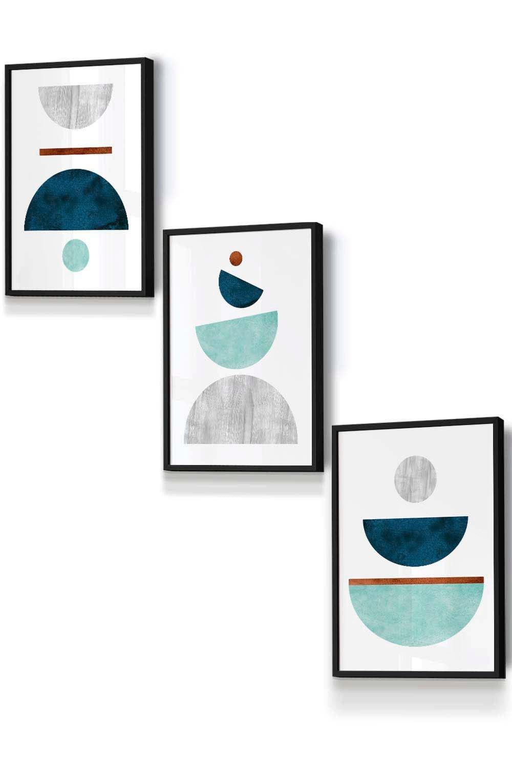 Teal, Mint Green and Grey Abstract Mid Century Geometric Framed Wall Art - Small