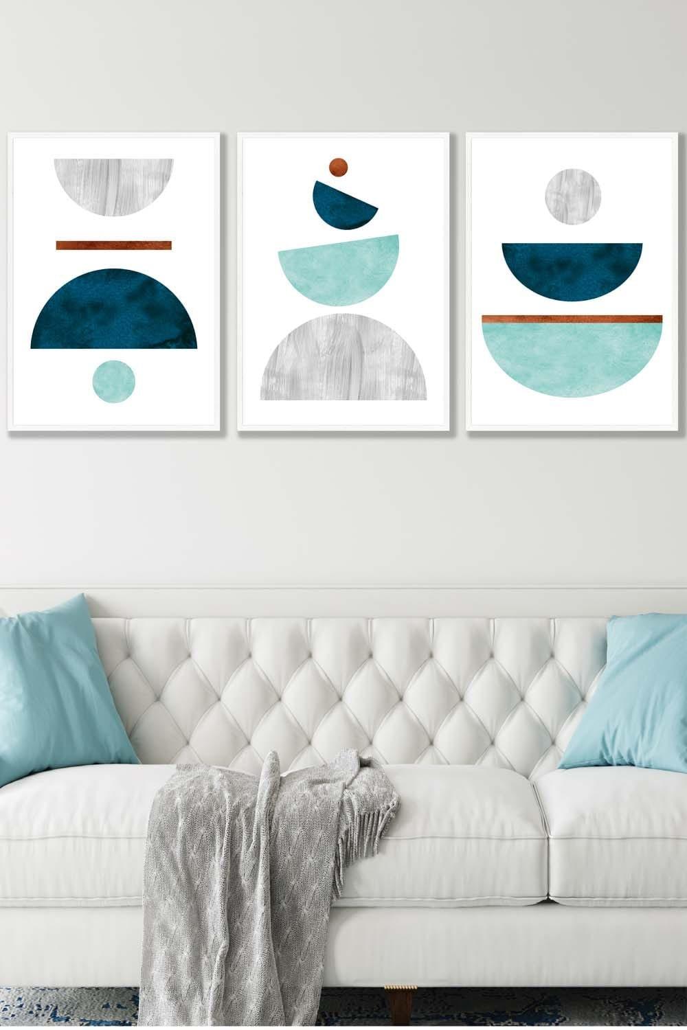 Teal, Mint Green and Grey Abstract Mid Century Geometric Framed Wall Art - Large