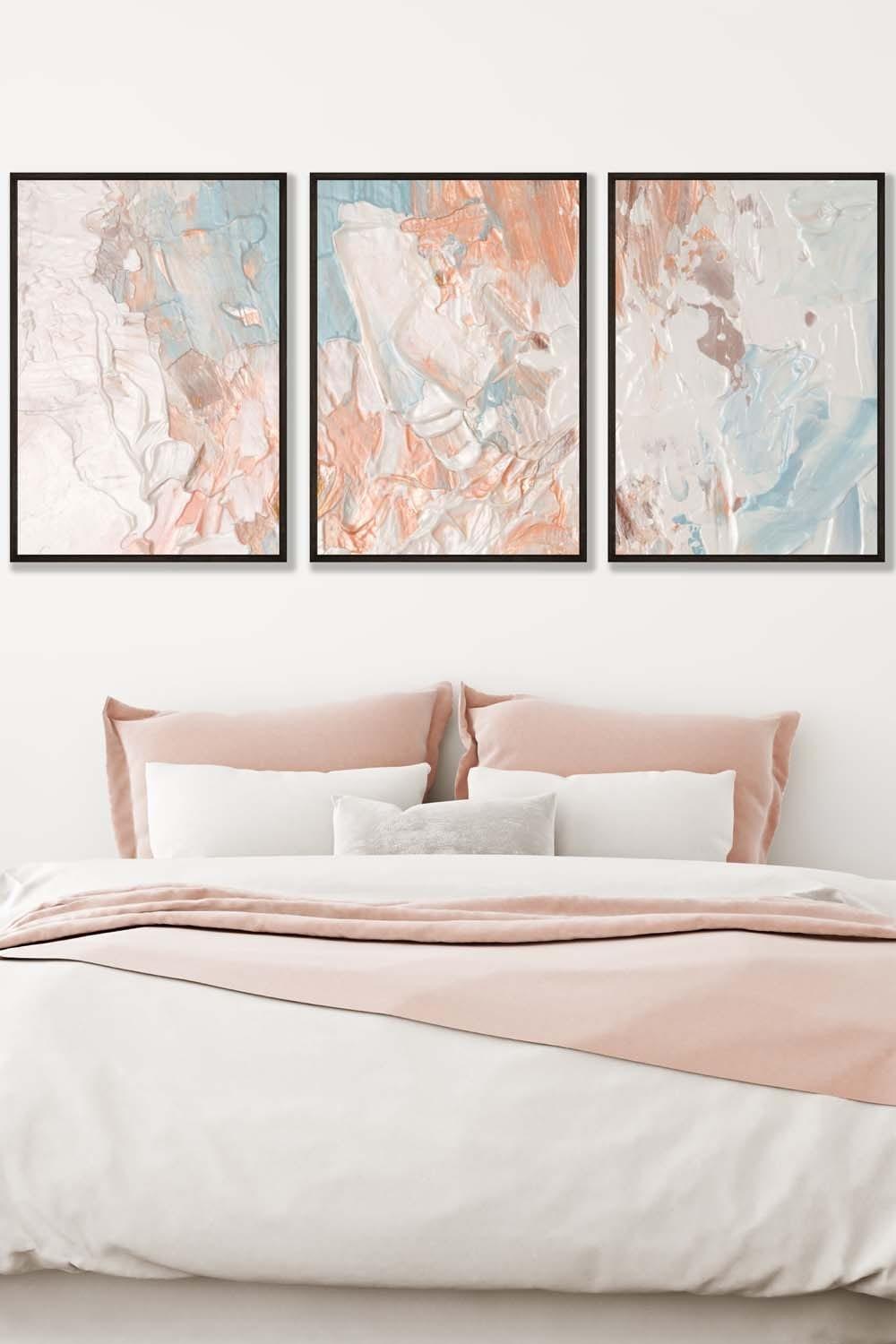 Set of 3 Black Framed Abstract Oil in Pastel Blue Ivory and Peach Wall Art