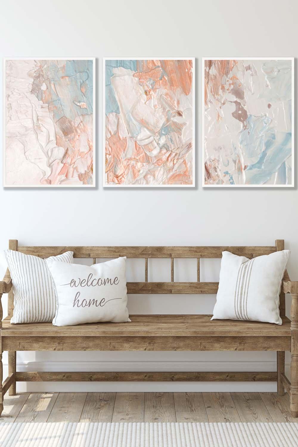 Set of 3 White Framed Abstract Oil in Pastel Blue Ivory and Peach Wall Art