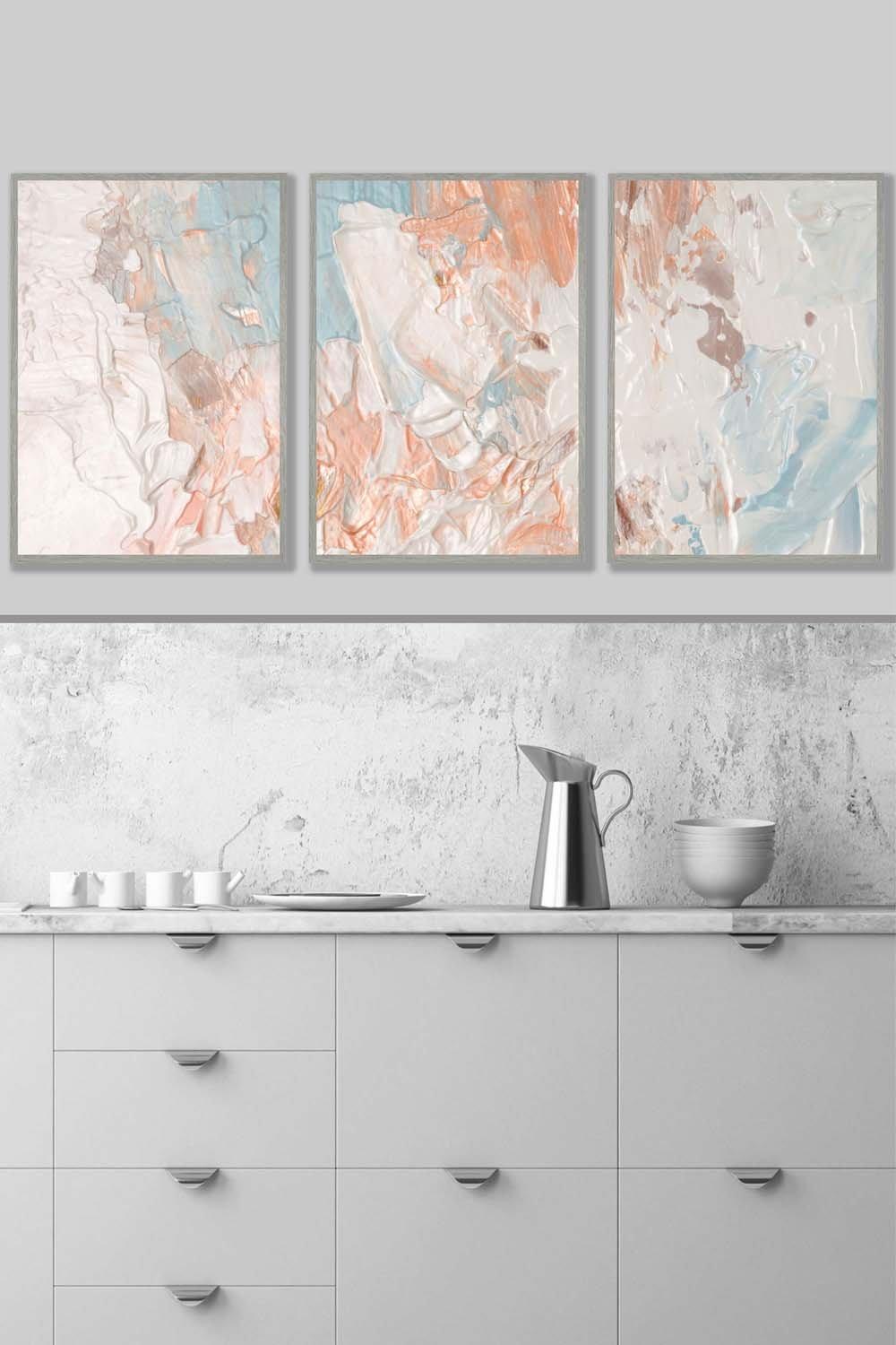 Set of 3 Light Grey Framed Abstract Oil in Pastel Blue Ivory and Peach Wall Art