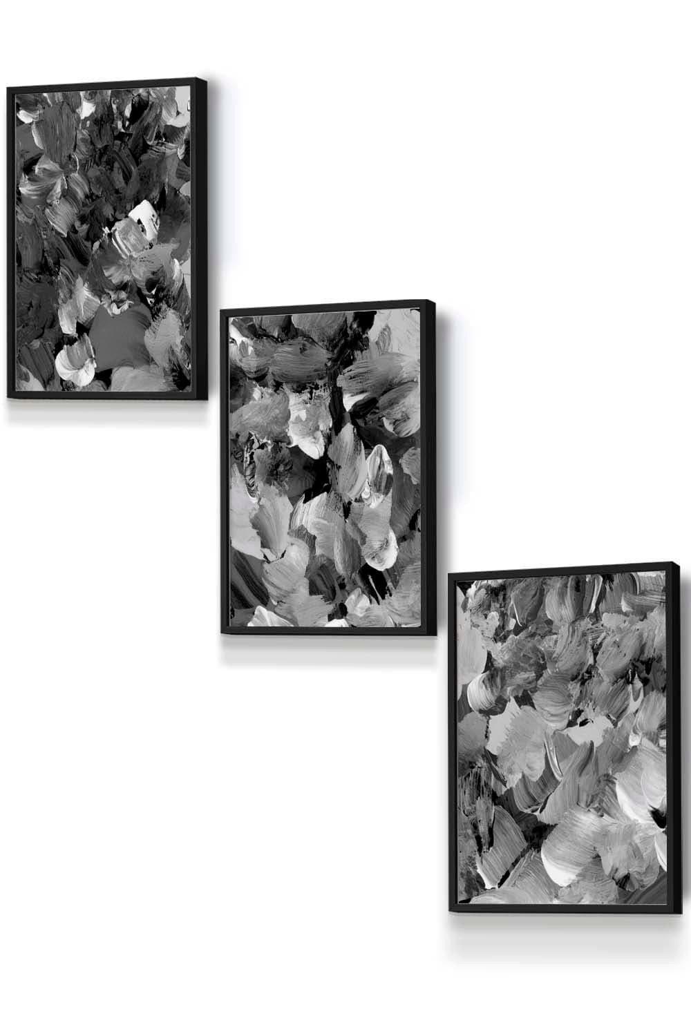 Set of 3 Black Framed Abstract Wild Garden Flowers in Black and Grey Wall Art